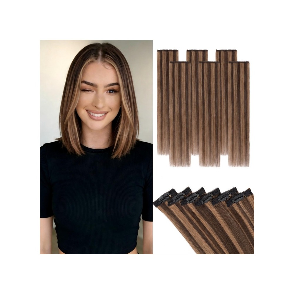 6pc Clip In Real Human Hair Extensions 14 Inch Dark Brown Blondish Highlights‎